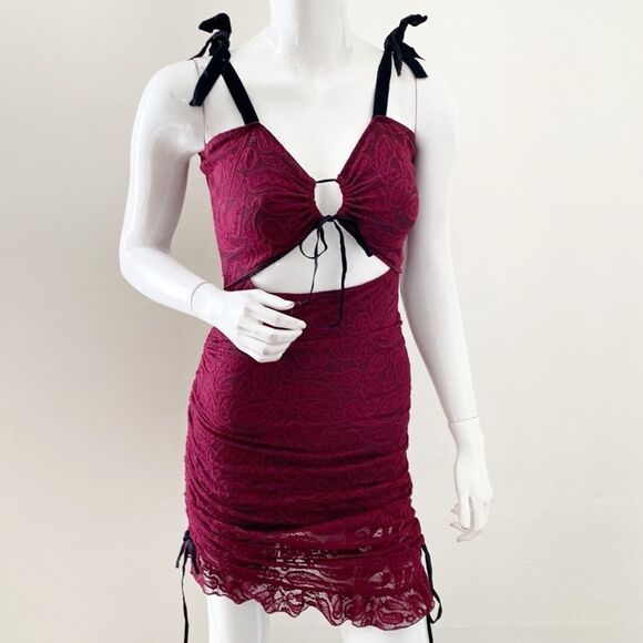 Dolls Kill Brand Current Mood Heaven Burgundy Lace Cutout Mini Dress - Picture 1 of 6